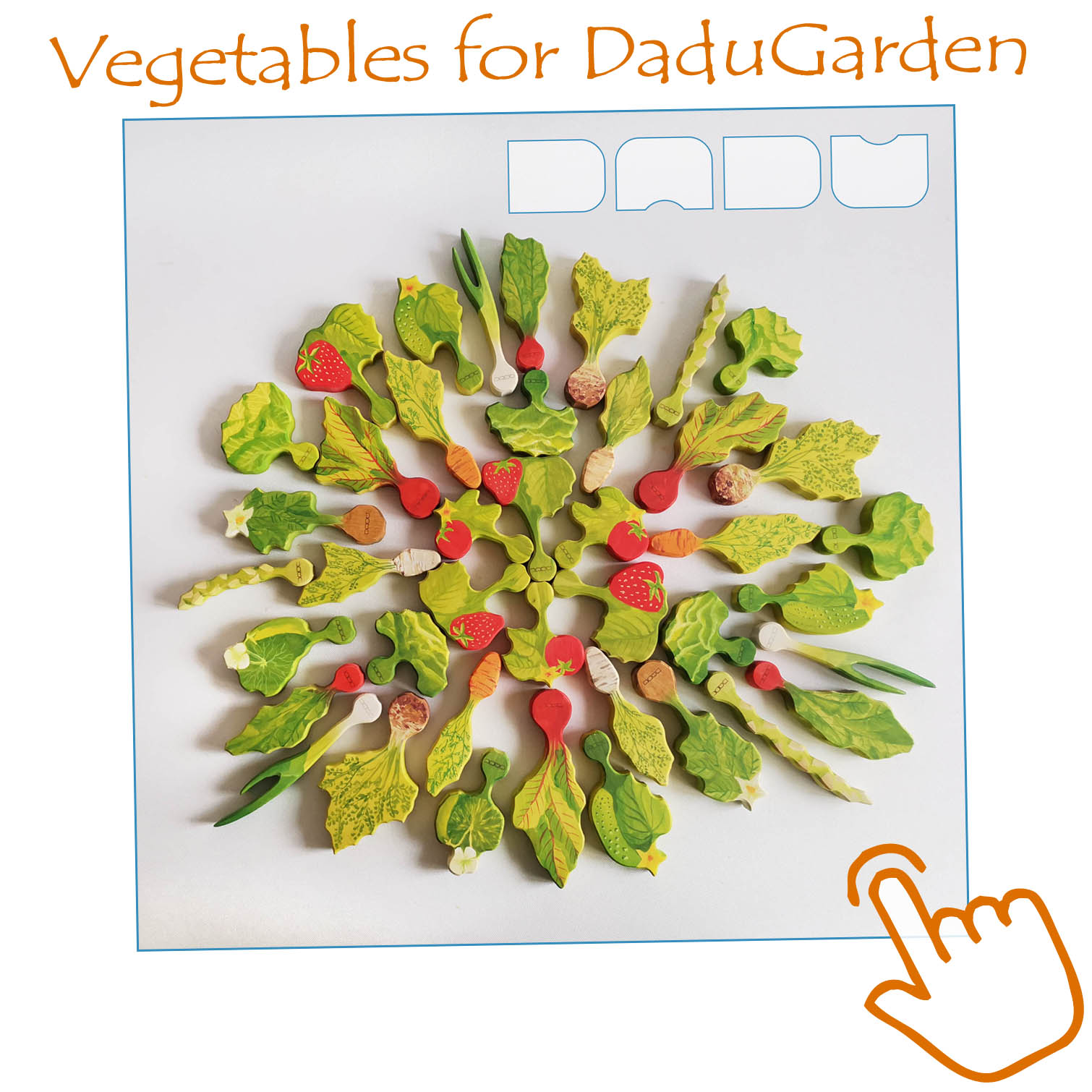 A large variety of unique handmade and painted vegetables for DaduGarden developmental wooden toy playset