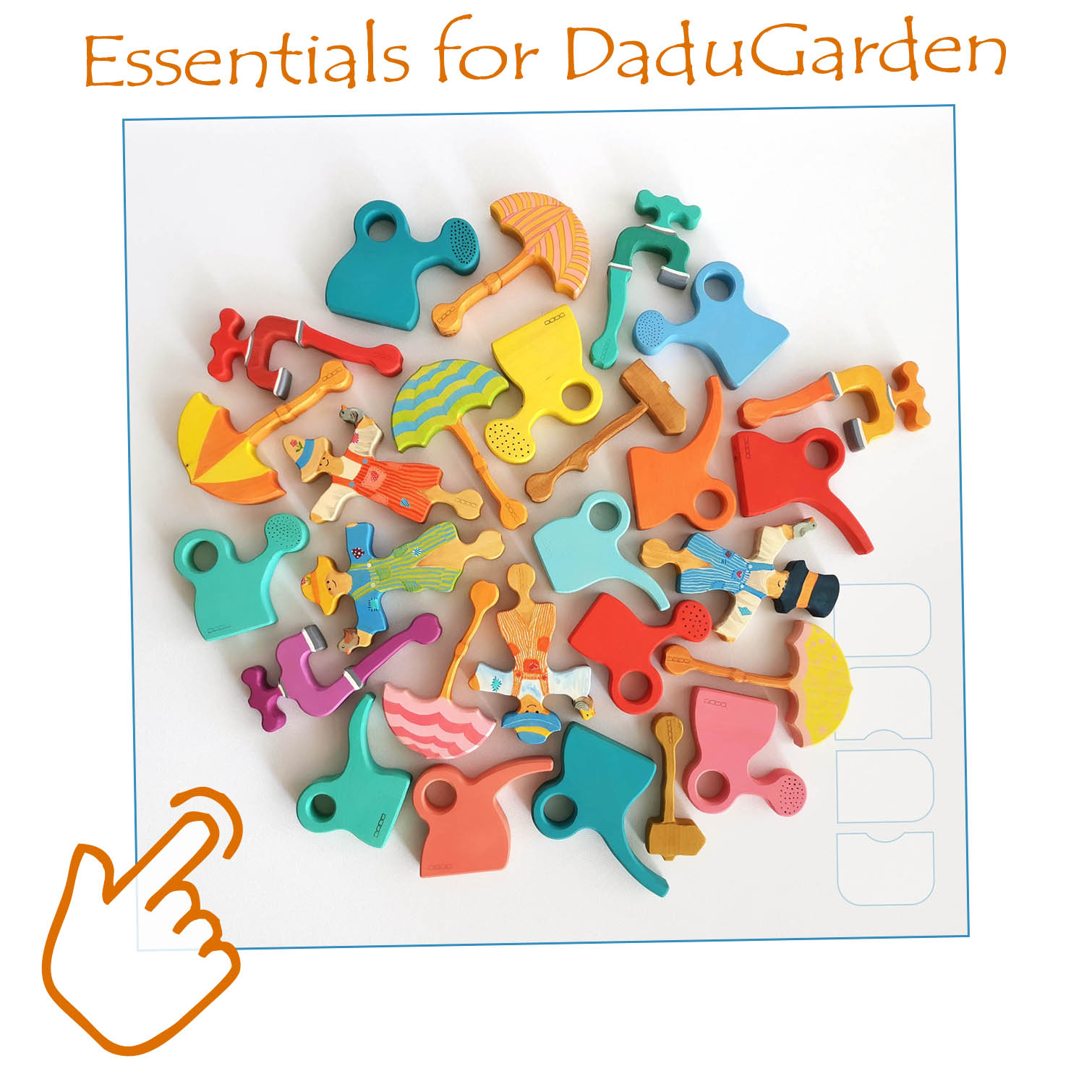 Little gardeners' equipment: accessories for the DaduGarden developmental role play wooden toy set