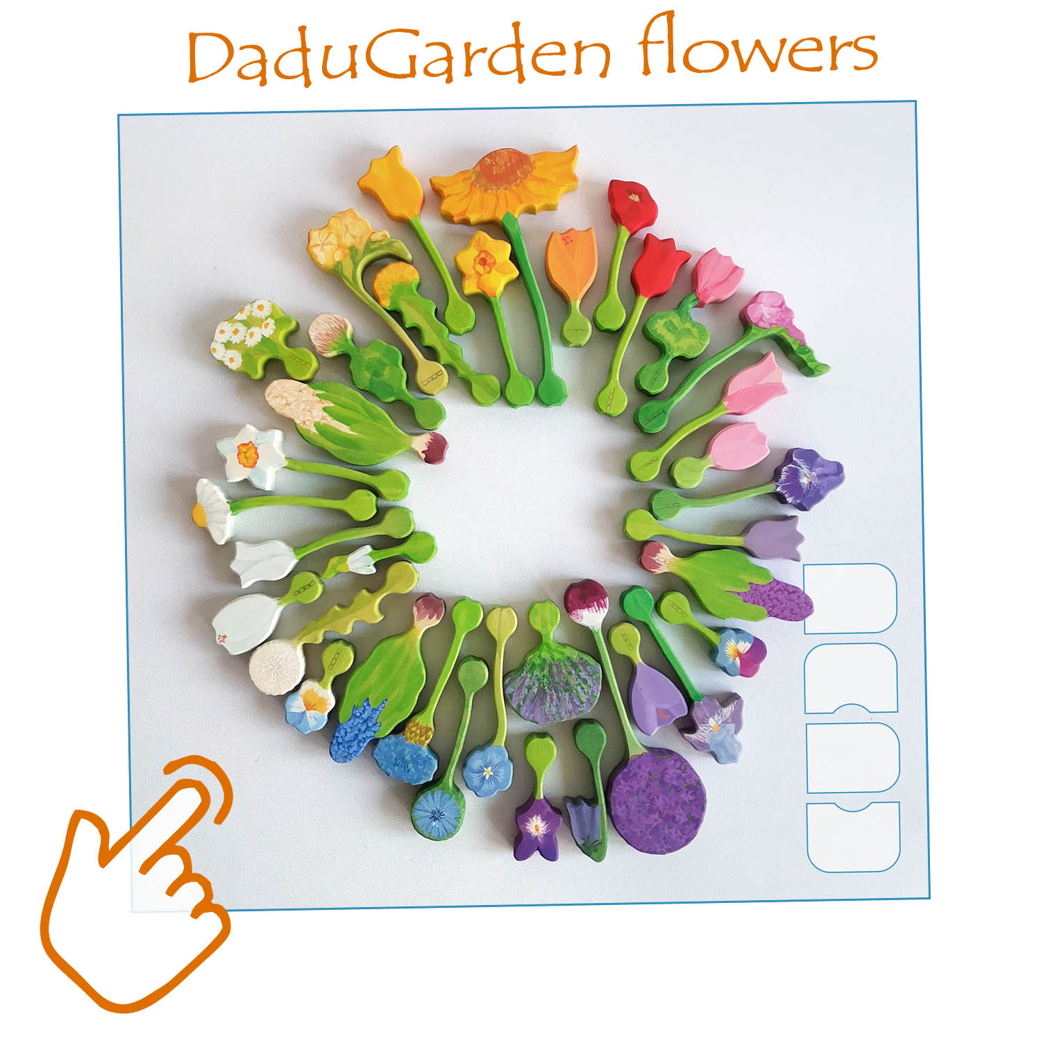 A large variety of unique handmade and painted flowers for DaduGarden developmental wooden toy playset
