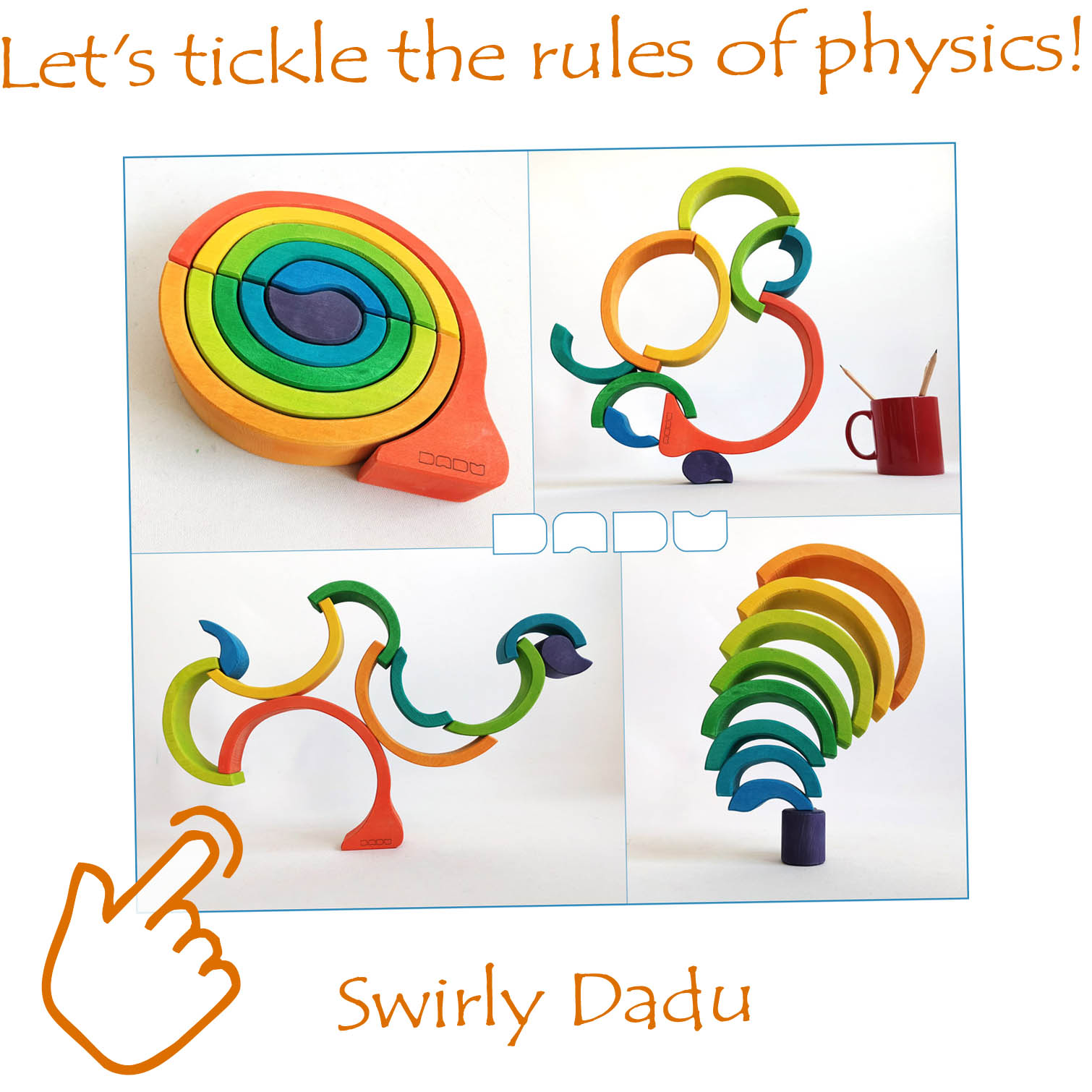 Swirly Dadu: balancing construction toy made of wood. Open-ended skill development, building and balancing wooden toys, offering entertaining challenges for all ages.