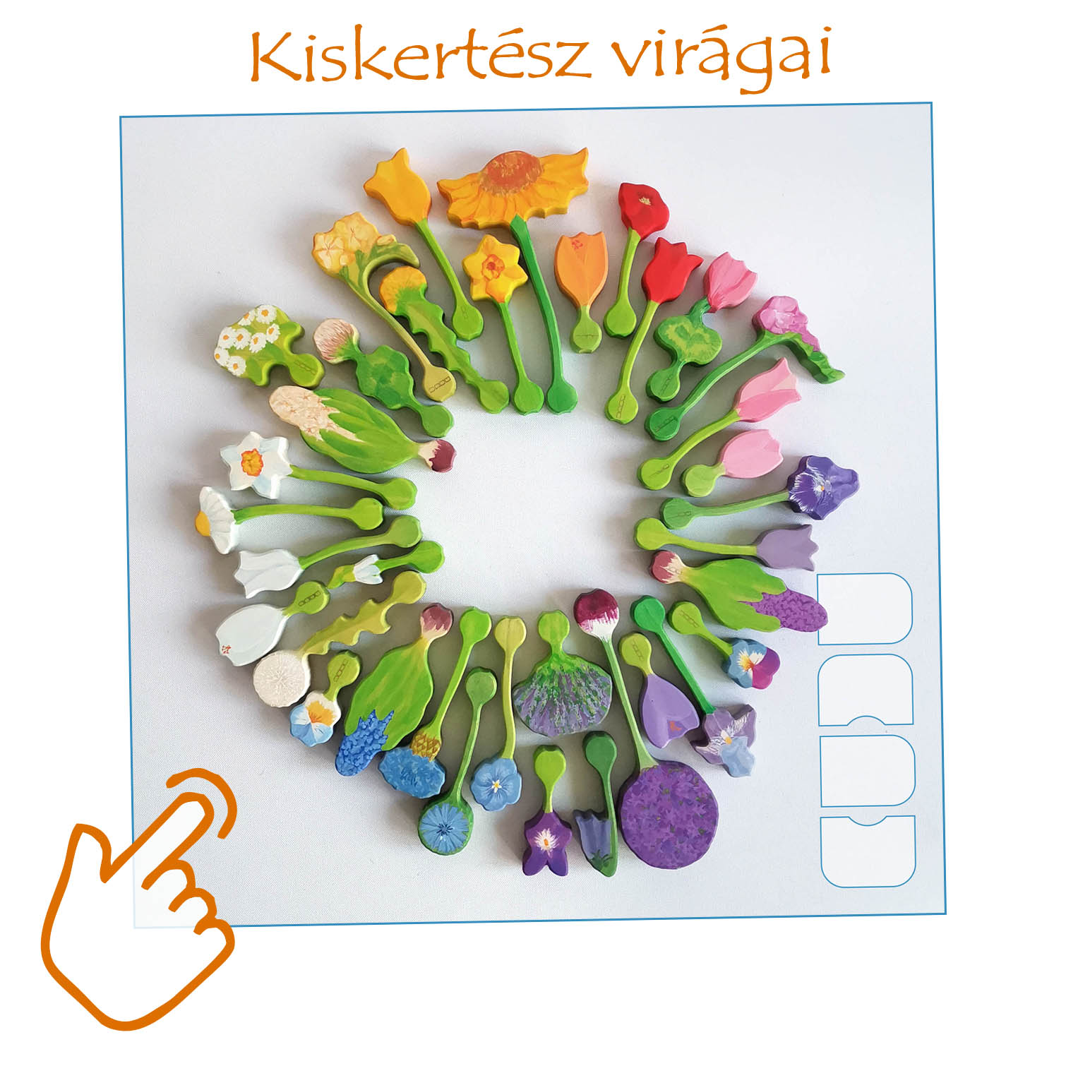 Sokféle egyedi, kézzel készített és festett virág Dadu Kiskertész fejlesztő fajáték készletéhez