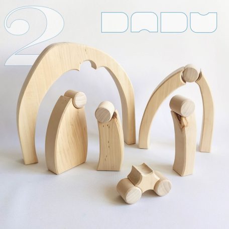 Raw wooden puzzles, nativity scene and stargate