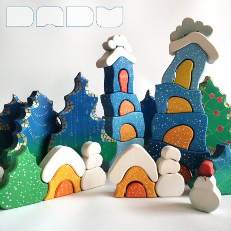Snowy cottages with snowman - various designs - wooden puzzles for christmas
