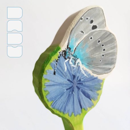 Common blue butterfly on chicory flower - handpainted wooden toy
