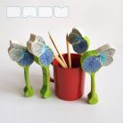 Common blue butterfly on chicory flower - handpainted wooden toy