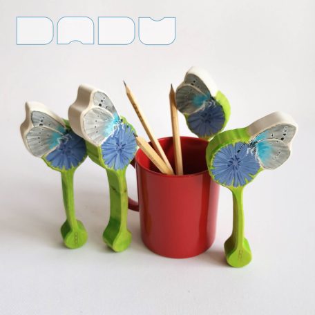Common blue butterfly on chicory flower - handpainted wooden toy