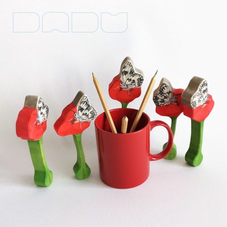 Marbled white on poppy - handpainted wooden toy