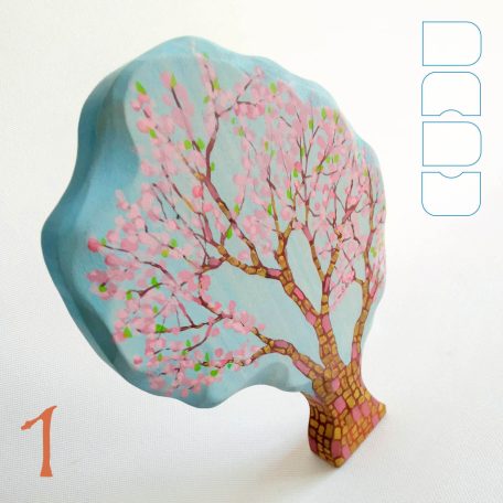 Pink blooming spring trees from the fairy tale forest:  decorative Klimt-inspired wooden toys