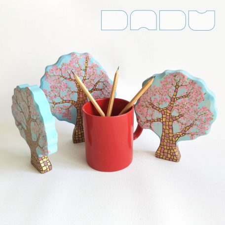 Pink blooming spring trees from the fairy tale forest:  decorative Klimt-inspired wooden toys