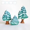 Snowy pine trees: decorative wooden toys, various designs