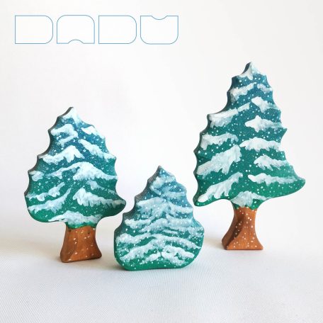 Snowy pine trees: decorative wooden toys, various designs