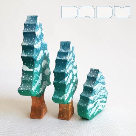 Snowy pine trees: decorative wooden toys, various designs