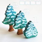 Snowy pine trees: decorative wooden toys, various designs