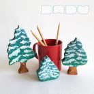 Snowy pine trees: decorative wooden toys, various designs