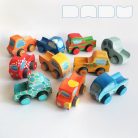 Wooden toy pickup trucks—various designs. You can choose several kind of fitting Dadu cargo and passengers to transport with them.