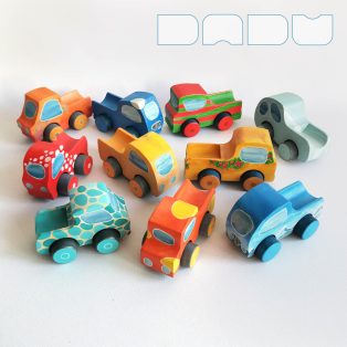Wooden toy pickup trucks—various designs. You can choose several kind of fitting Dadu cargo and passengers to transport with them.