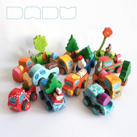Wooden toy pickup trucks—various designs. You can choose several kind of fitting Dadu cargo and passengers to transport with them.
