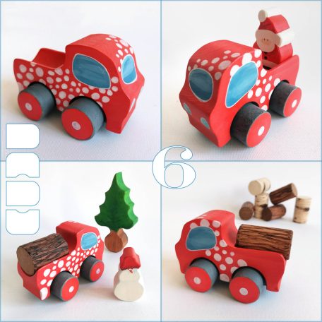 Wooden toy pickup trucks—various designs. You can choose several kind of fitting Dadu cargo and passengers to transport with them.