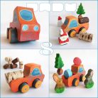 Wooden toy pickup trucks—various designs. You can choose several kind of fitting Dadu cargo and passengers to transport with them.