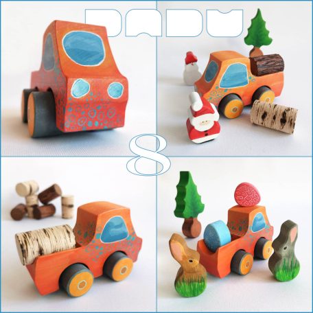 Wooden toy pickup trucks—various designs. You can choose several kind of fitting Dadu cargo and passengers to transport with them.