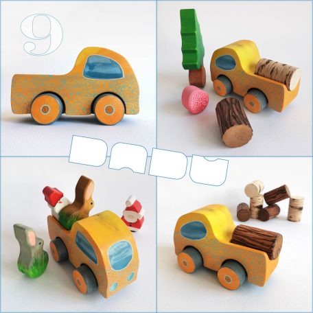 Wooden toy pickup trucks—various designs. You can choose several kind of fitting Dadu cargo and passengers to transport with them.