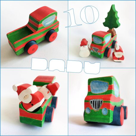 Wooden toy pickup trucks—various designs. You can choose several kind of fitting Dadu cargo and passengers to transport with them.