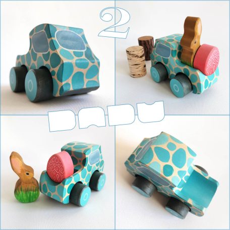 Wooden toy pickup trucks—various designs. You can choose several kind of fitting Dadu cargo and passengers to transport with them.