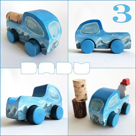 Wooden toy pickup trucks—various designs. You can choose several kind of fitting Dadu cargo and passengers to transport with them.
