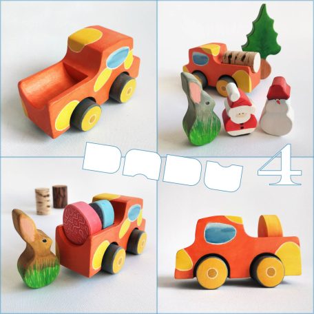 Wooden toy pickup trucks—various designs. You can choose several kind of fitting Dadu cargo and passengers to transport with them.