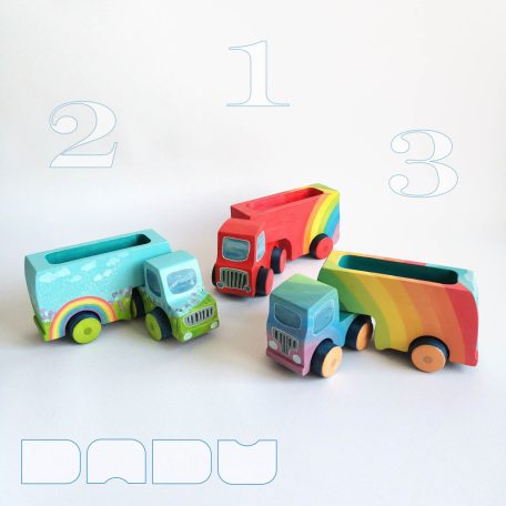 Semi Trucks with rainbow - handmade toy trucks with semi-trailer, wooden toys